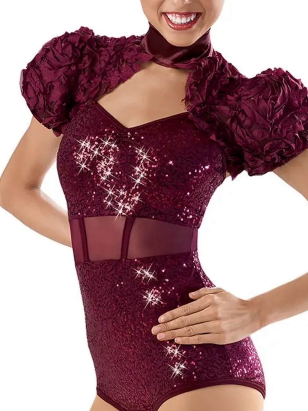 Weissman Burgundy Sequin "So Fine" Dance Costume Leotard & Shrug Set SA